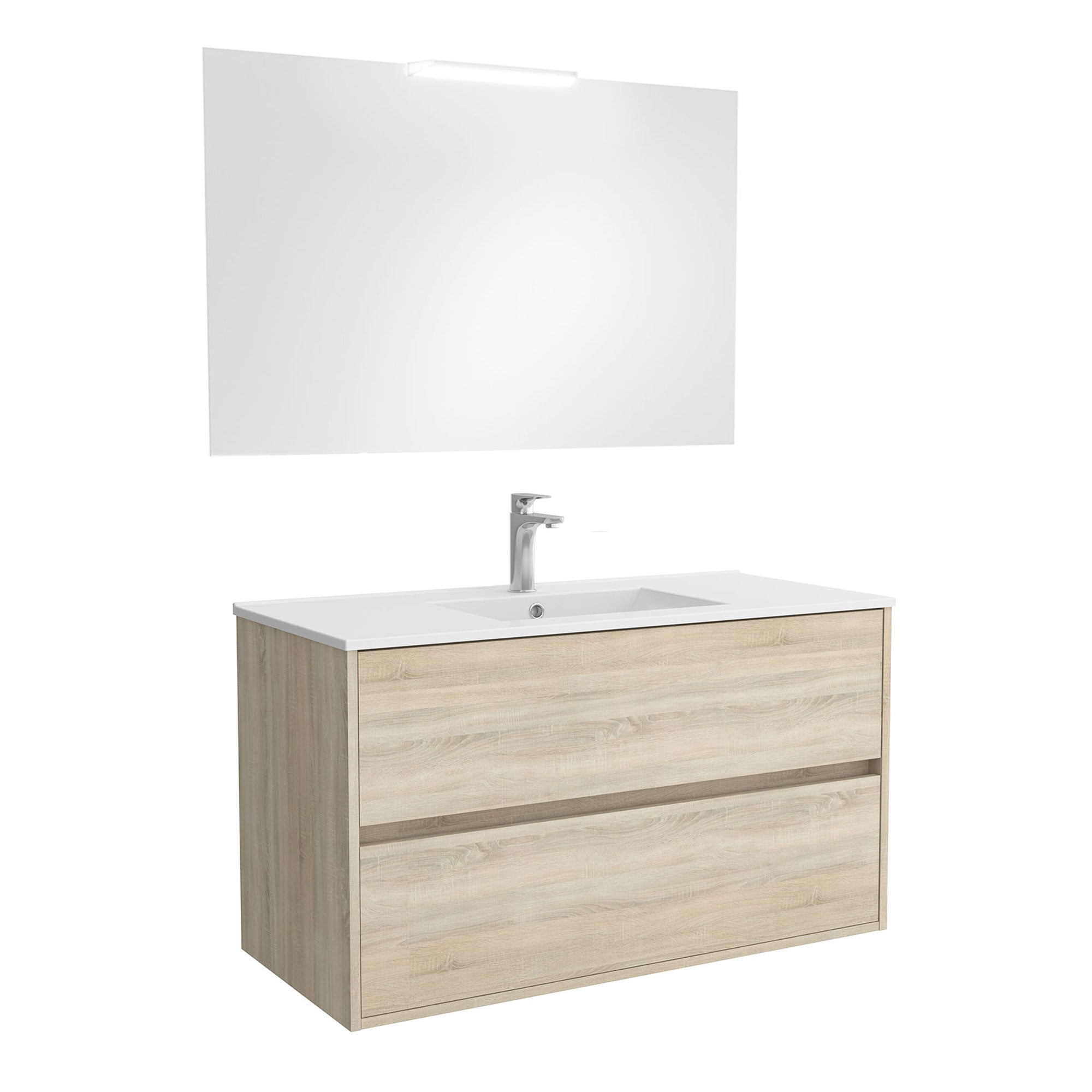 Mobile da bagno sospeso con cassetti con lavabo ceramica + specchio e lampada led Noja