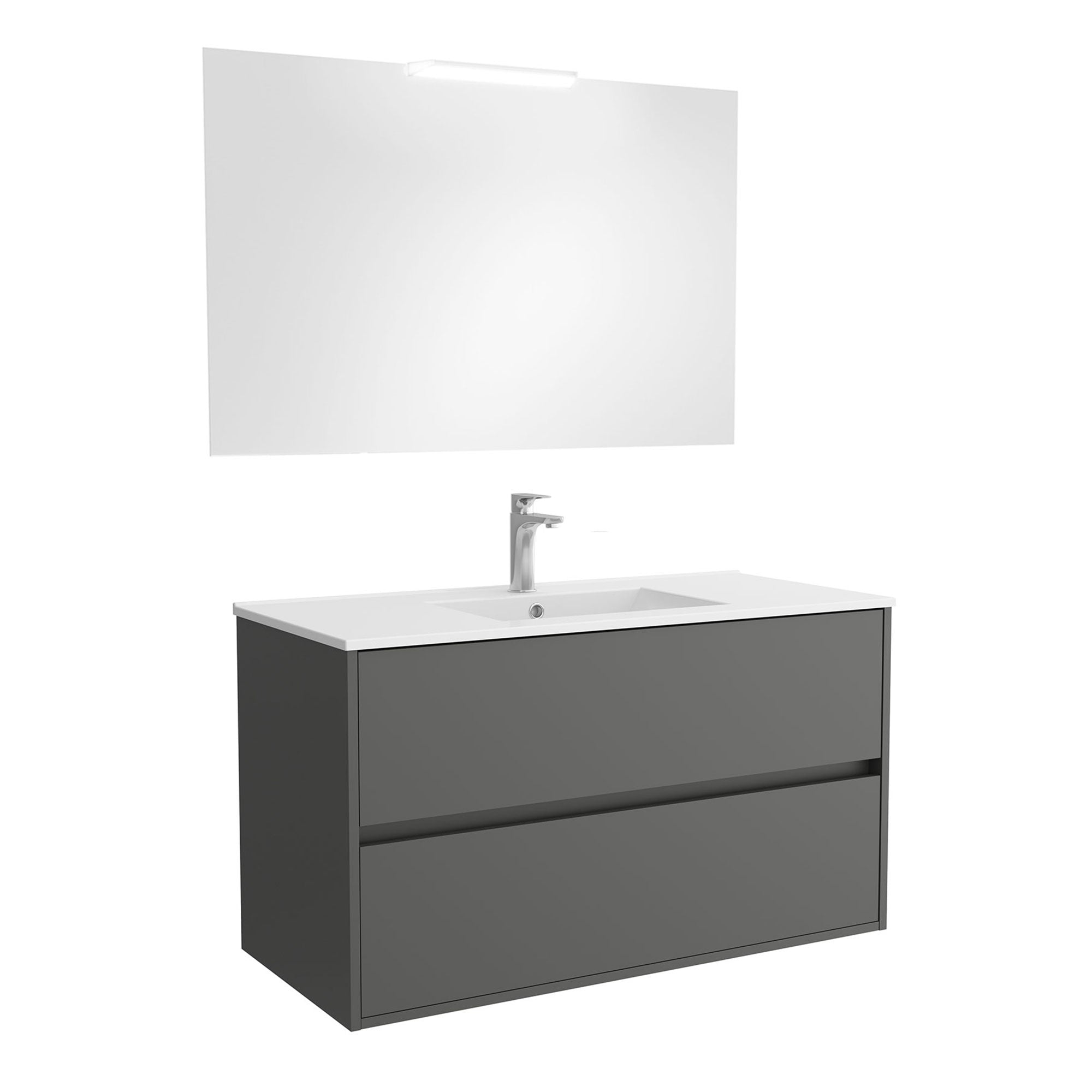 Mobile da bagno sospeso con cassetti con lavabo ceramica + specchio e lampada led Noja