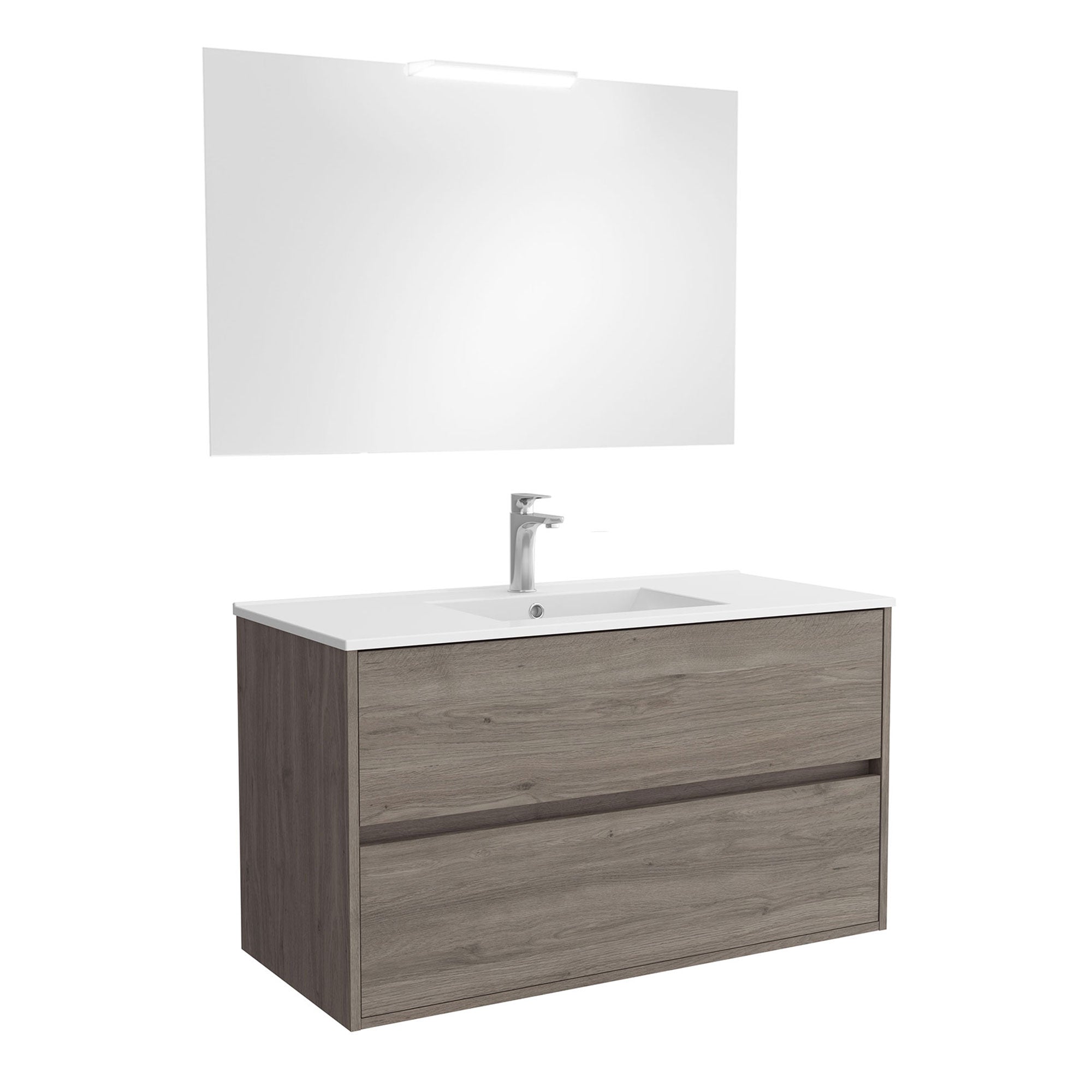 Mobile da bagno sospeso con cassetti con lavabo ceramica + specchio e lampada led Noja