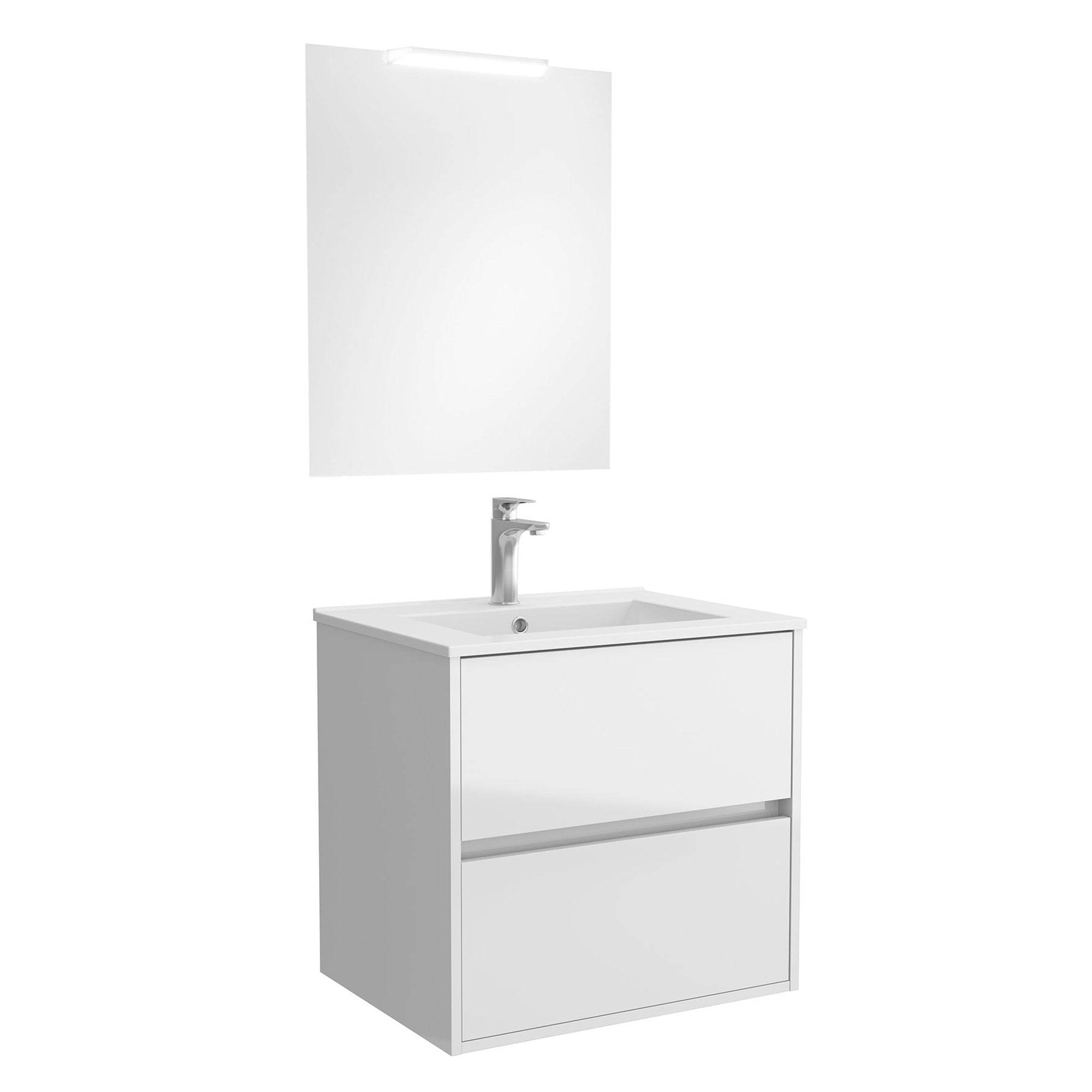 Mobile da bagno sospeso con cassetti con lavabo ceramica + specchio e lampada led Noja