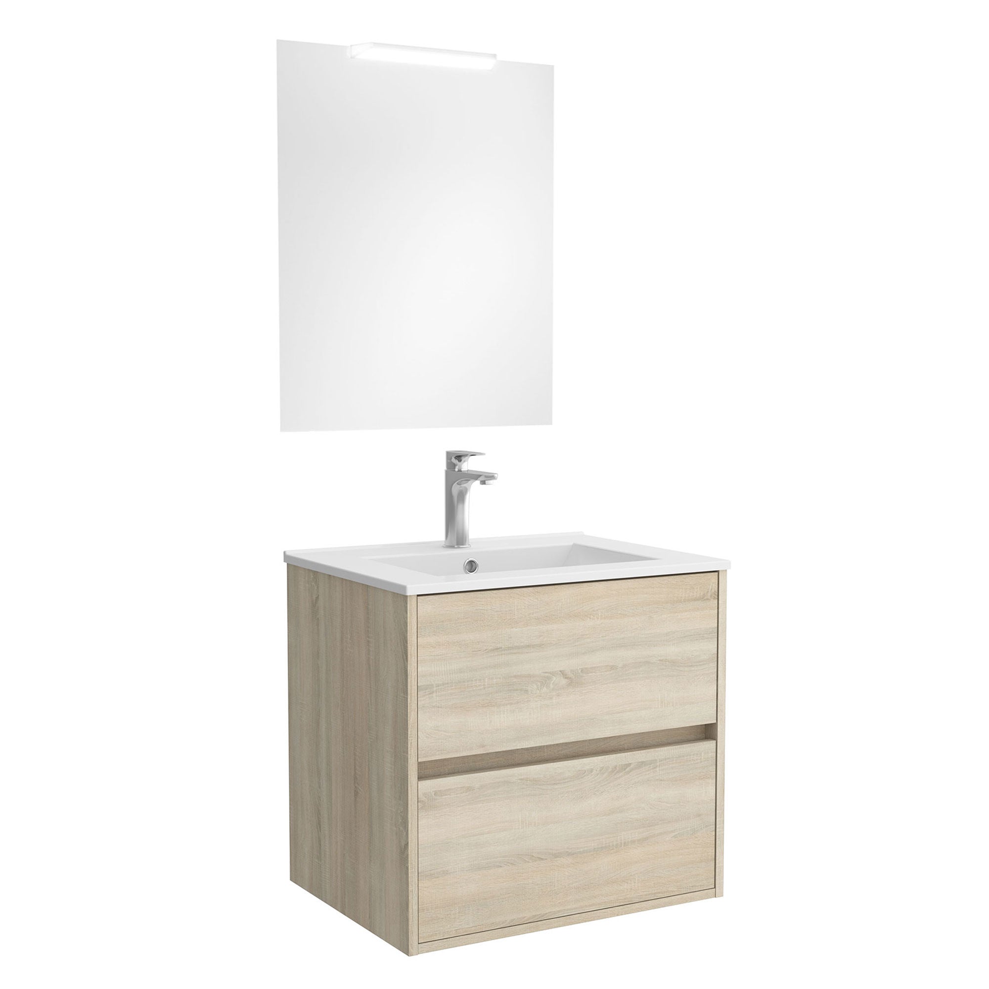 Mobile da bagno sospeso con cassetti con lavabo ceramica + specchio e lampada led Noja