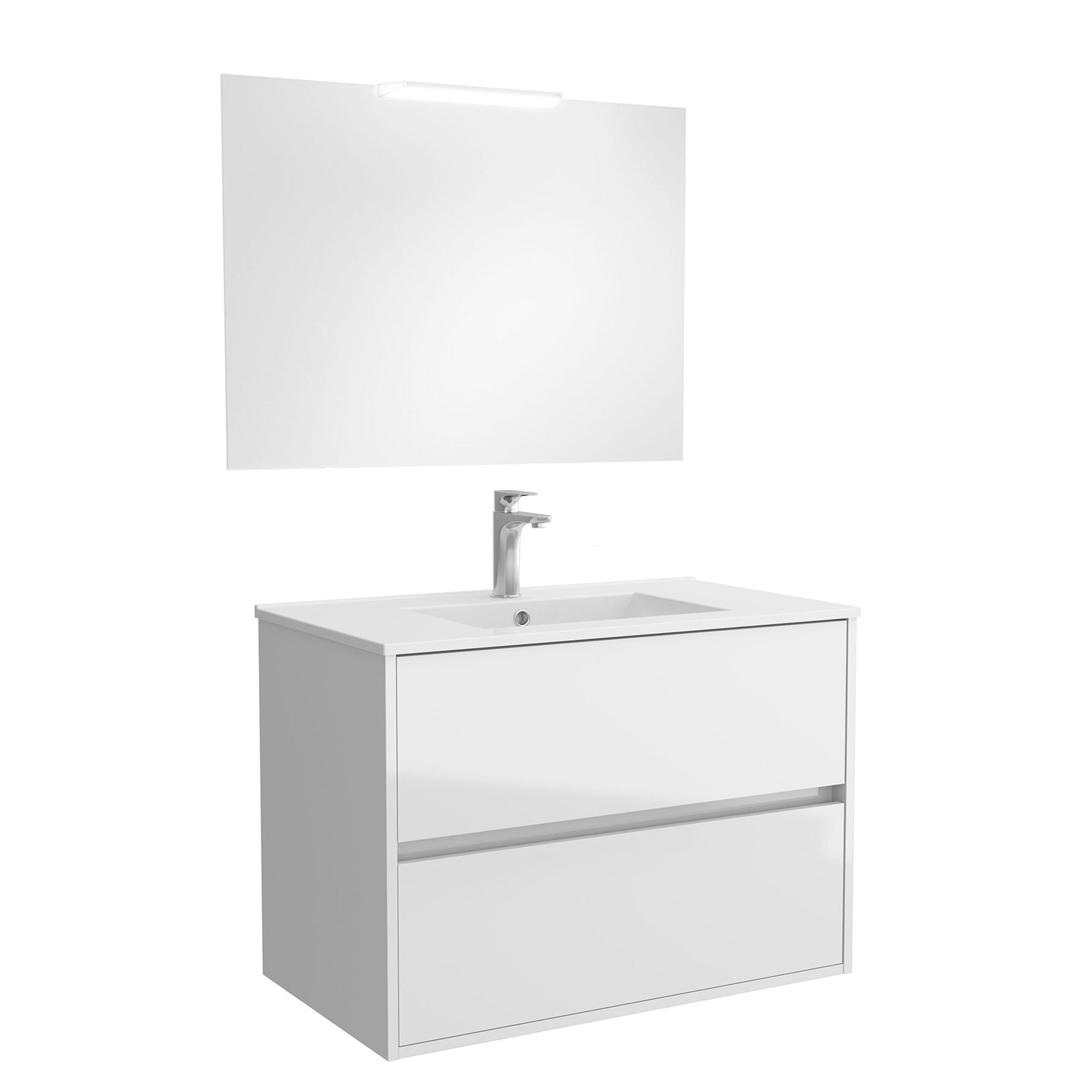 Mobile da bagno sospeso con cassetti con lavabo ceramica + specchio e lampada led Noja