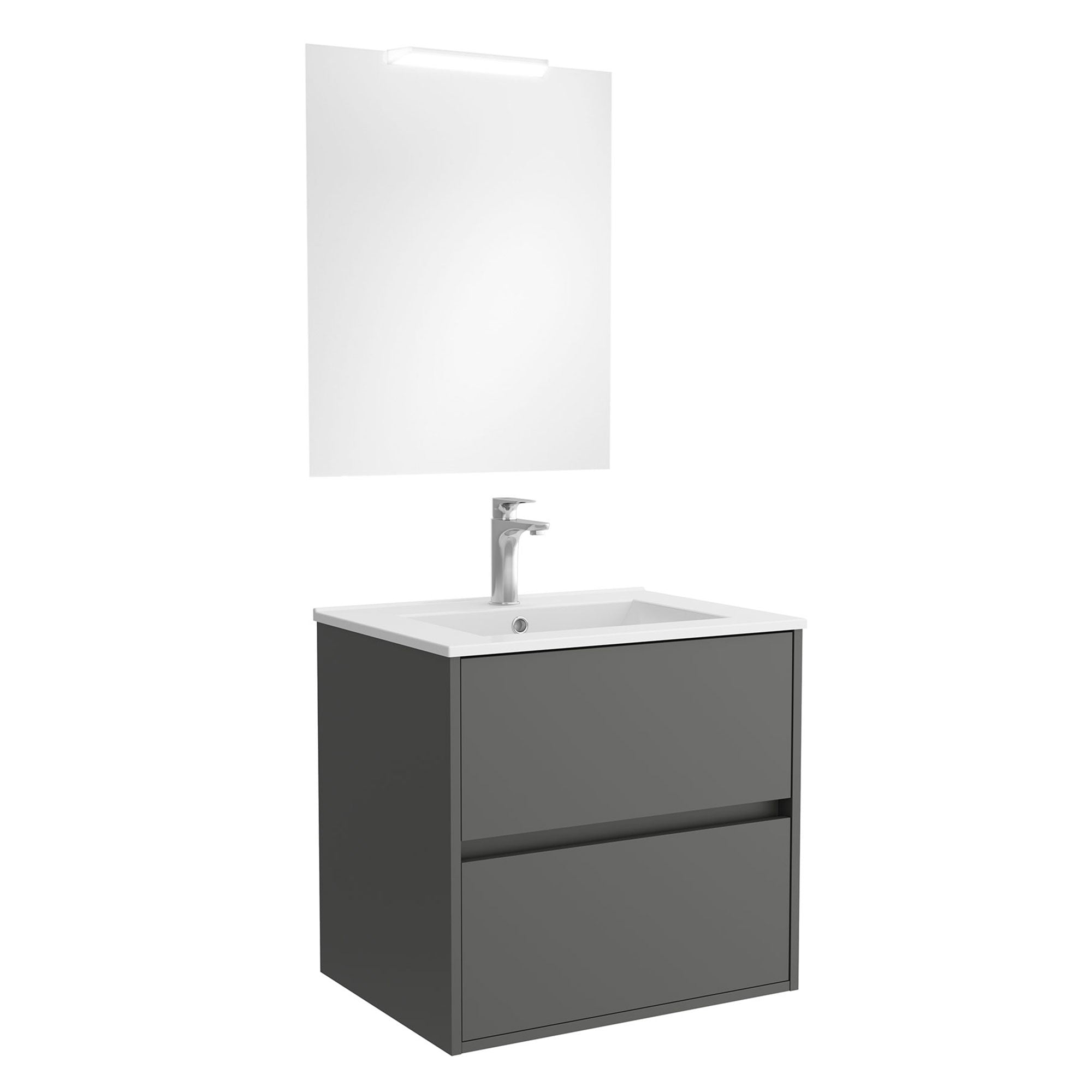 Mobile da bagno sospeso con cassetti con lavabo ceramica + specchio e lampada led Noja