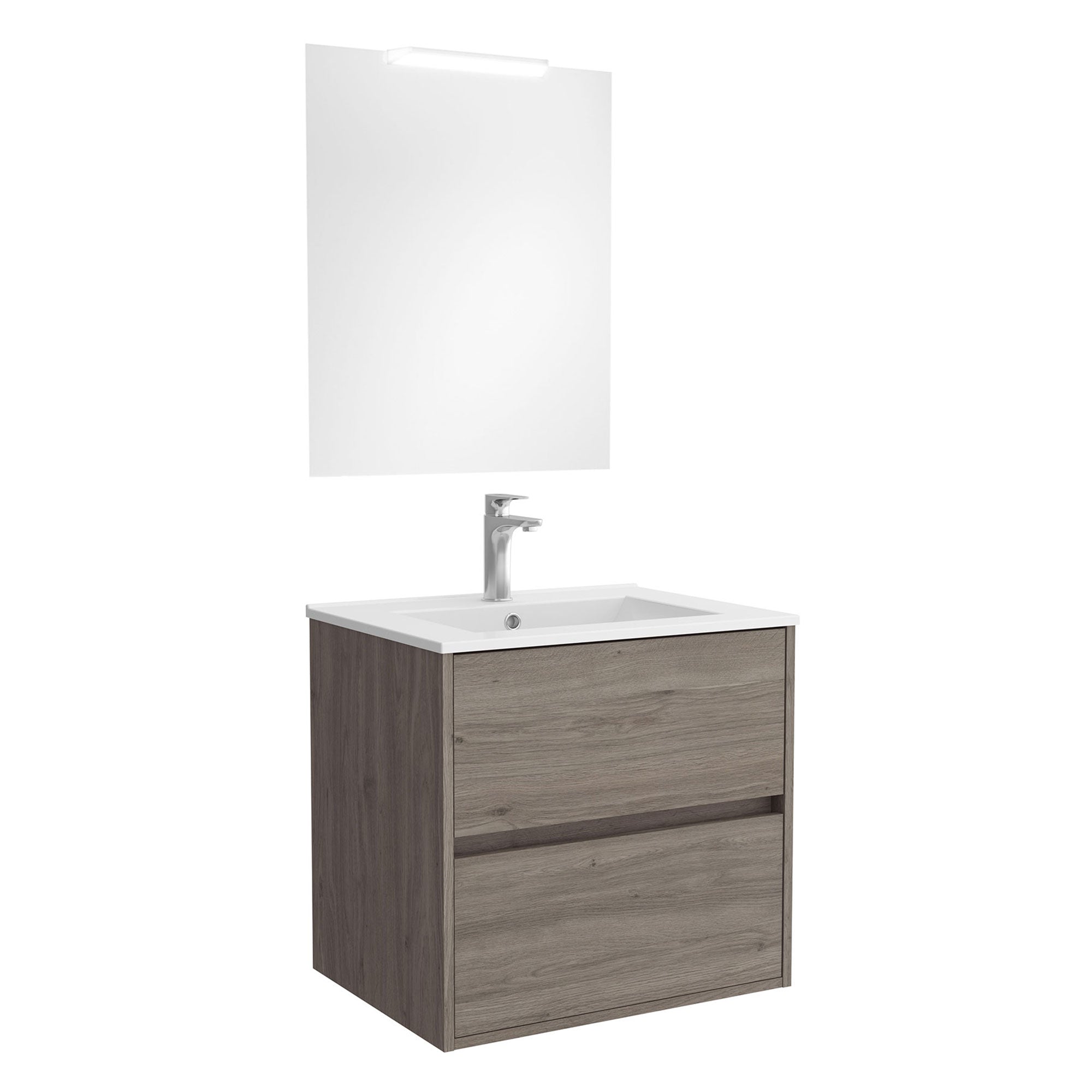 Mobile da bagno sospeso con cassetti con lavabo ceramica + specchio e lampada led Noja