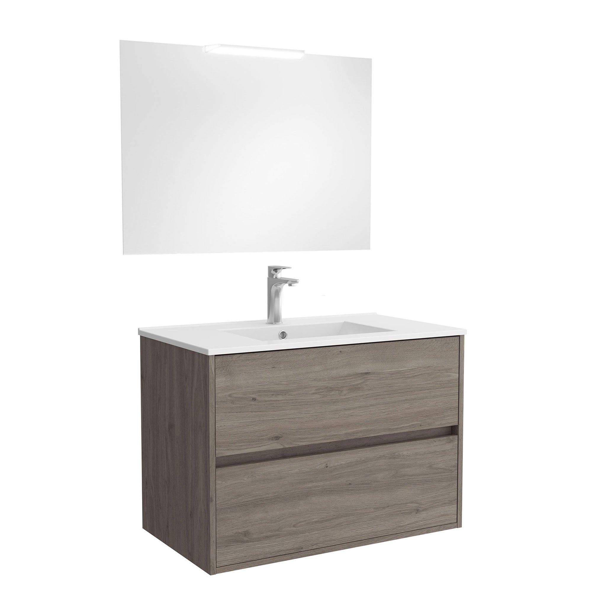 Mobile da bagno sospeso con cassetti con lavabo ceramica + specchio e lampada led Noja