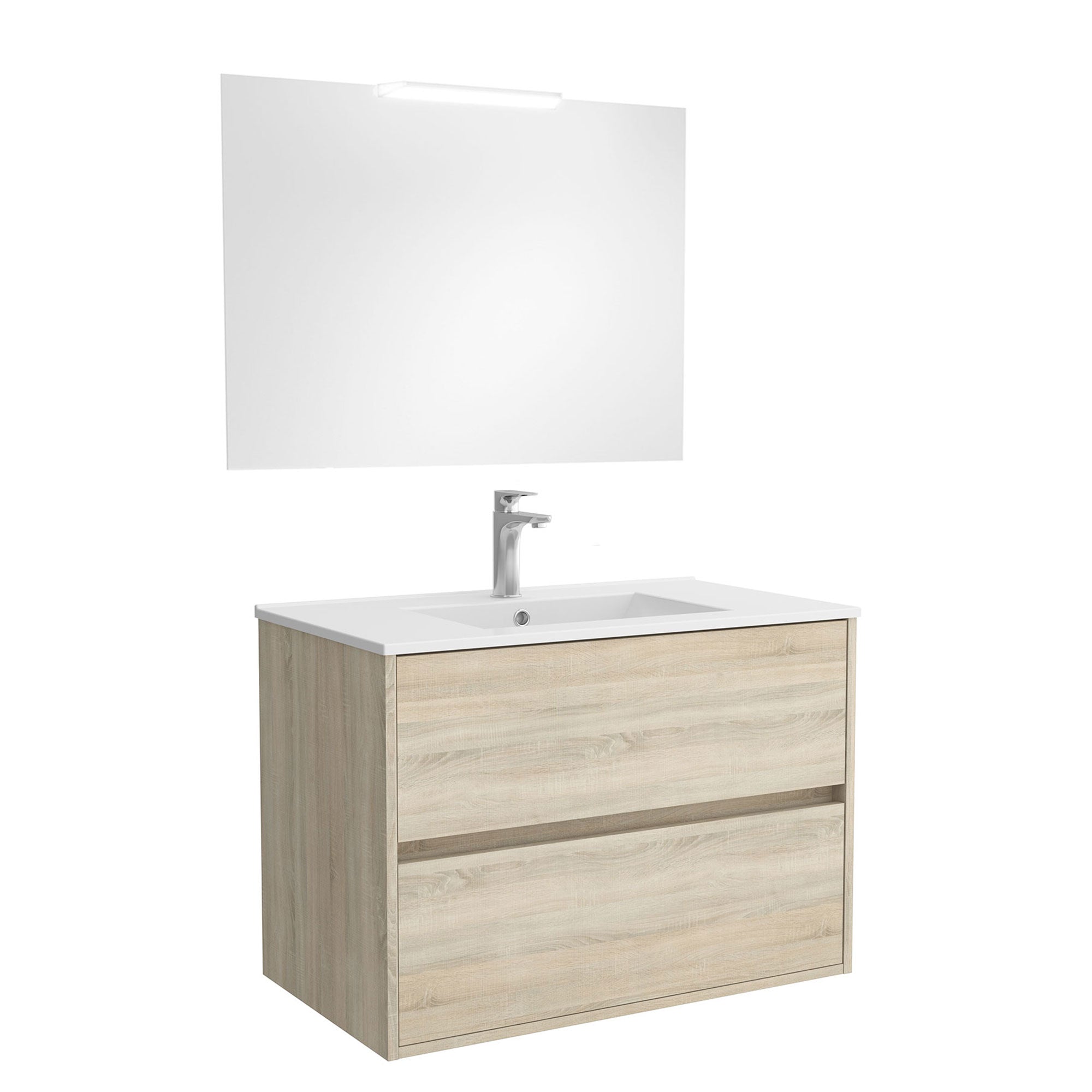 Mobile da bagno sospeso con cassetti con lavabo ceramica + specchio e lampada led Noja