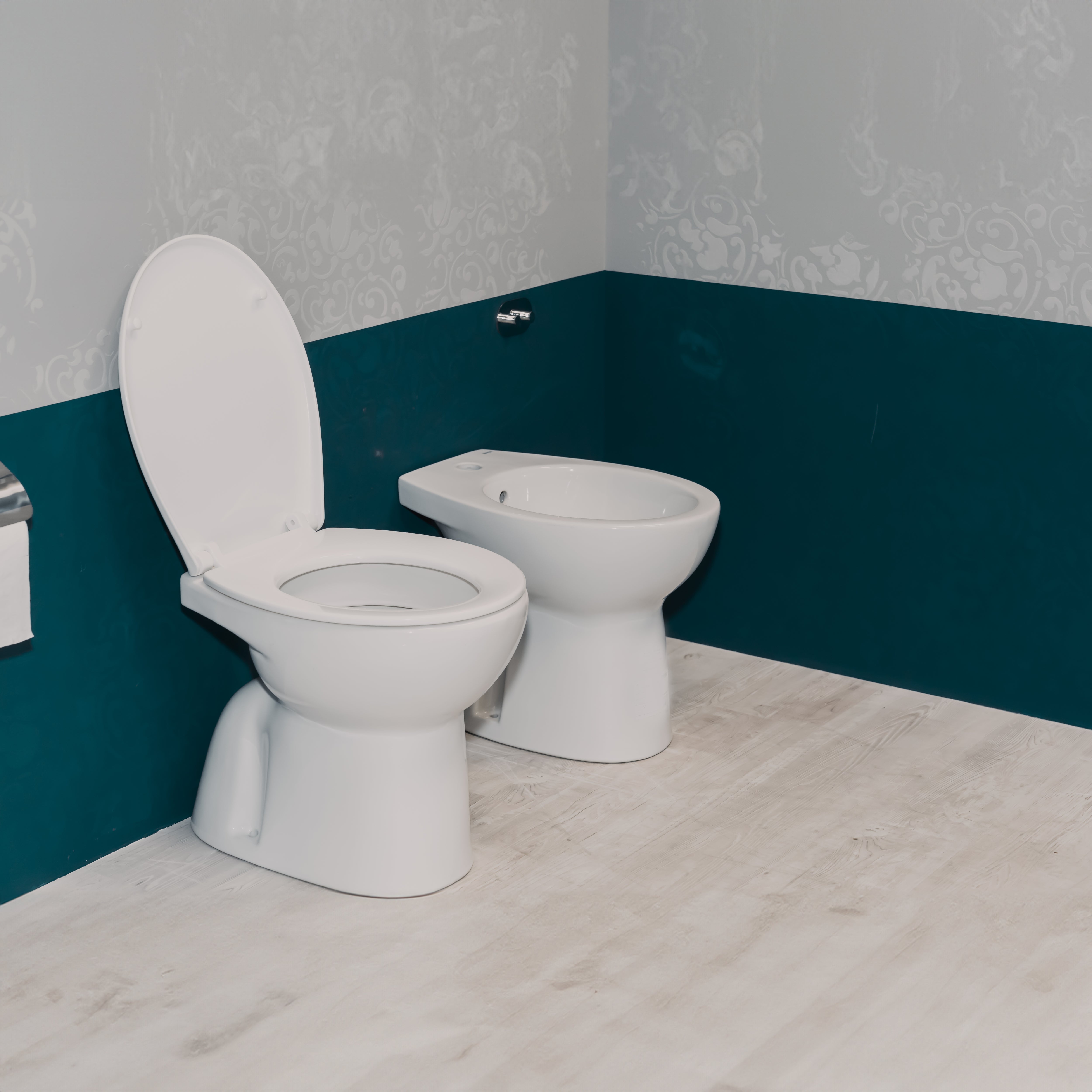 Serie completa di sanitari tradizionali a terra Magic lavabo con colonna 55 cm + bidet + WC con sedile incluso