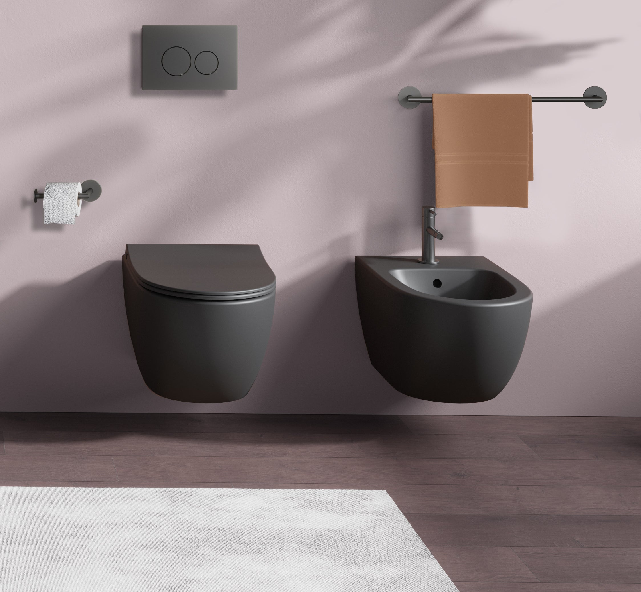 Sanitari in coppia Sento: bidet e WC sospesi con sedile softclose incluso