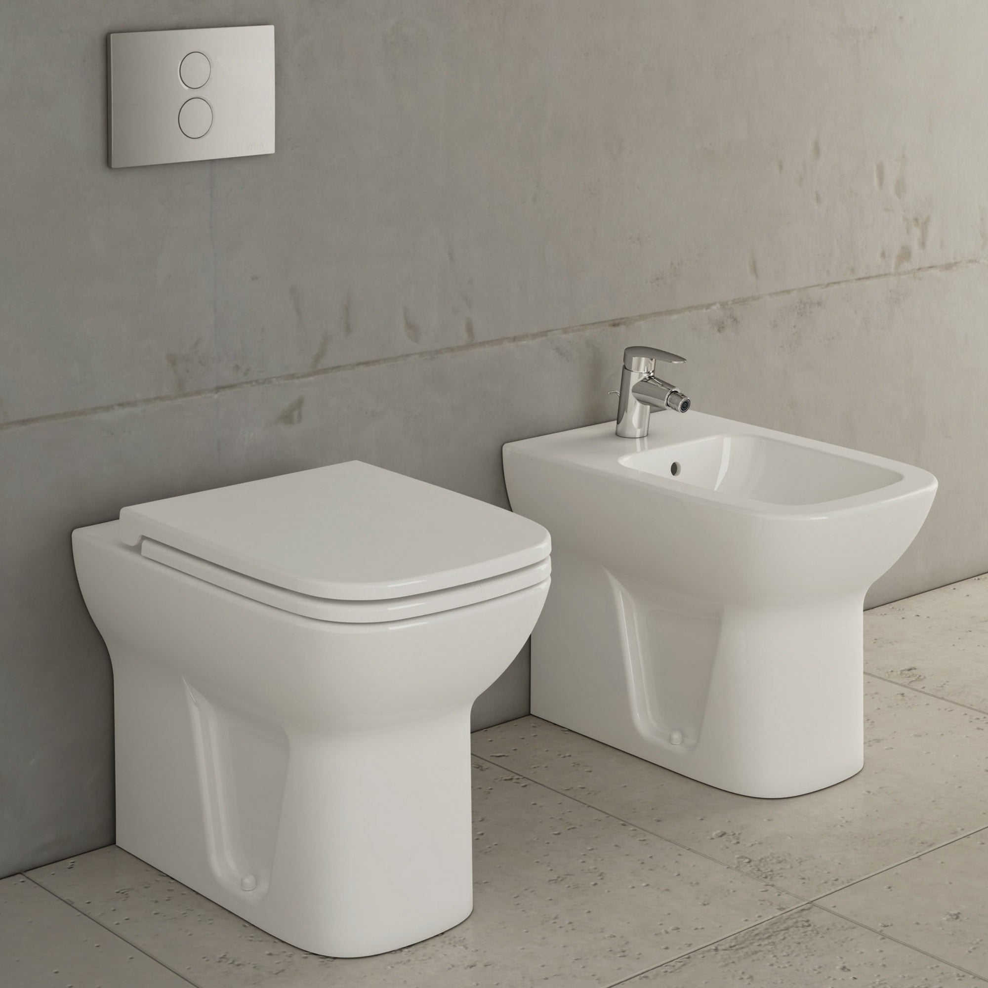 Coppia di sanitari: bidet e WC filomuro Sento con sedile softclose